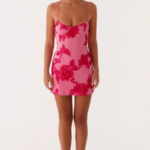 Peppermayo Pink Mini Dress with Fuchsia Floral Appliqué